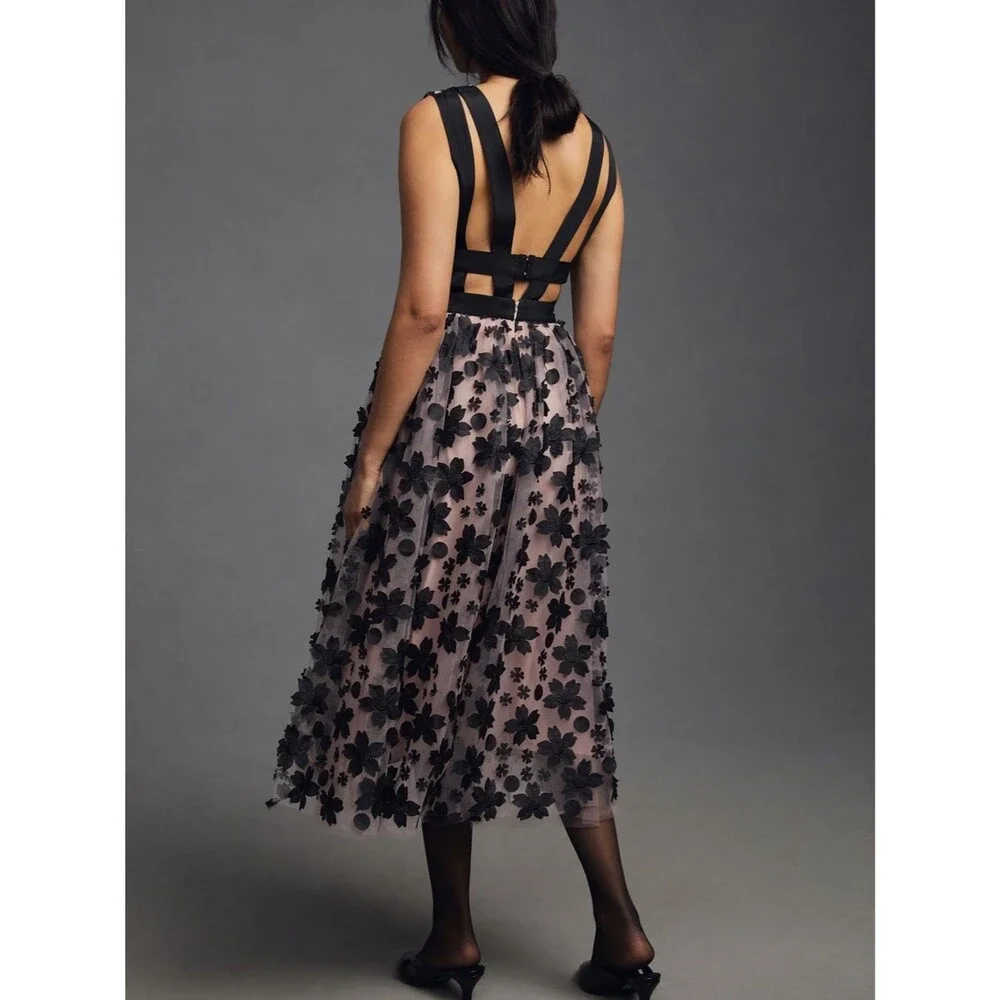 Anthropologie Strappy Floral Floral Appliqúe Tulle Midi Dress | Black /Blush | 0 - Picture 10 of 12
